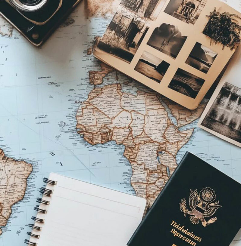 Mapa del mundo con cuadernos, documentación y fotografías